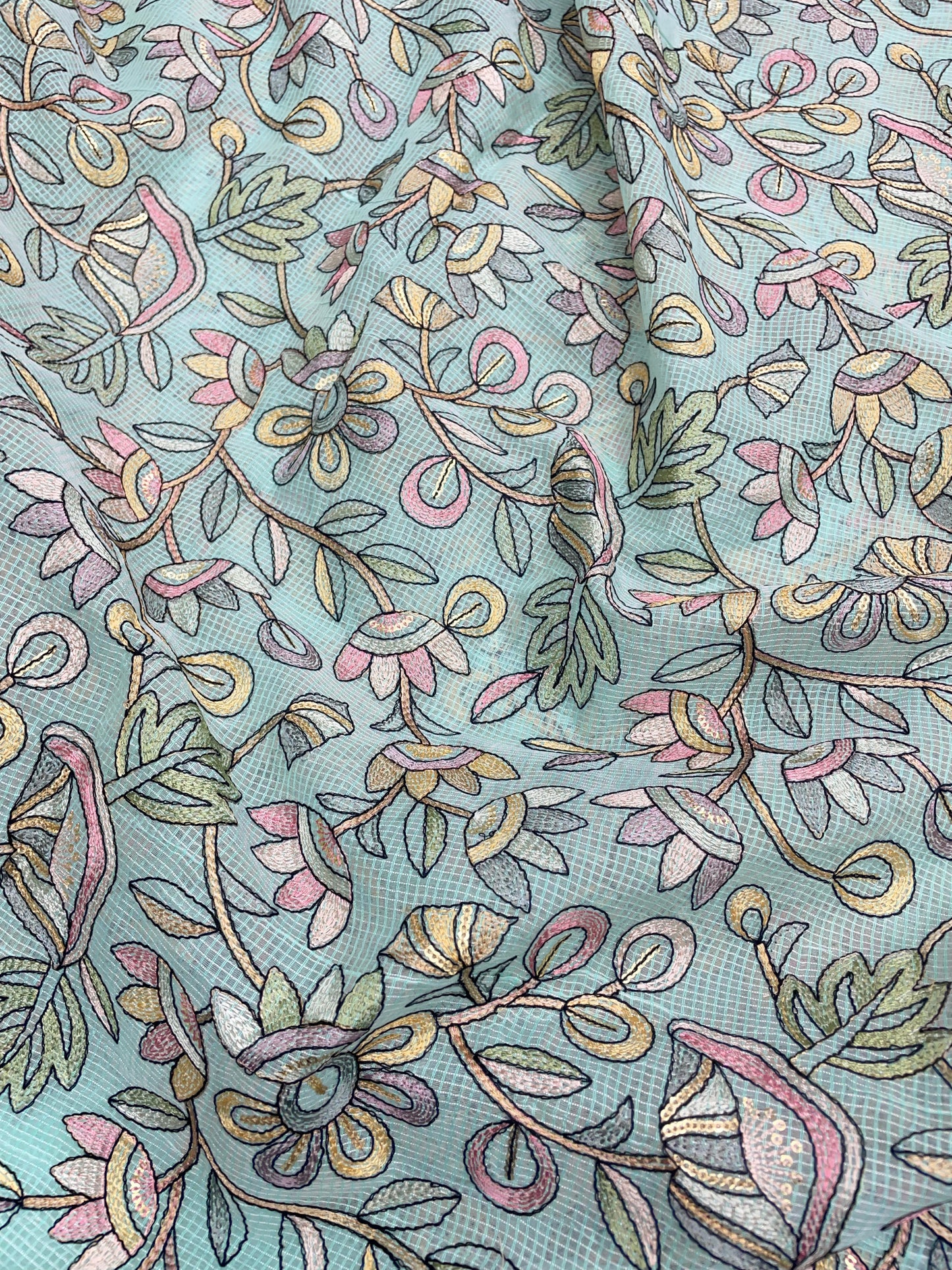 Delicate Fantastic Multi Color Floral Thread Embroidery On Kota Doria Fabric