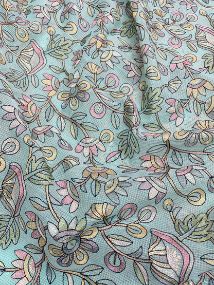 Delicate Fantastic Multi Color Floral Thread Embroidery On Kota Doria Fabric