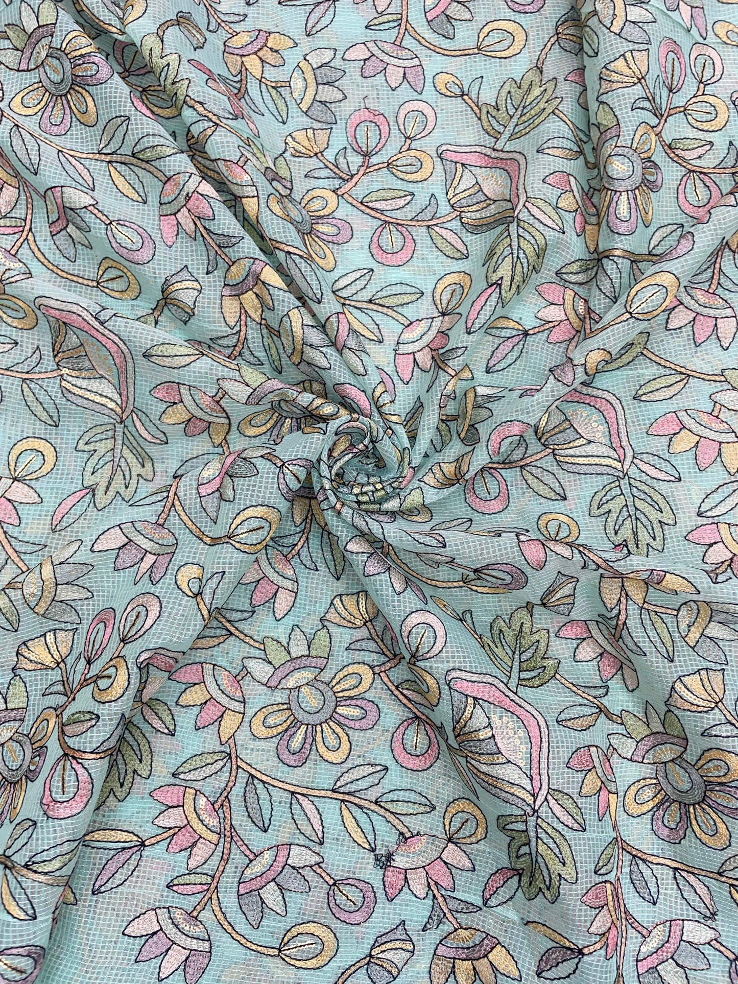 Delicate Fantastic Multi Color Floral Thread Embroidery On Kota Doria Fabric