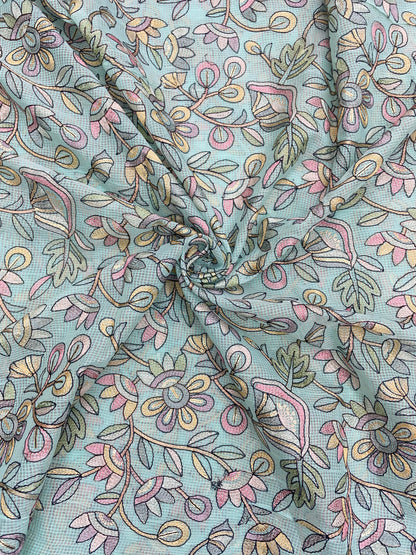Delicate Fantastic Multi Color Floral Thread Embroidery On Kota Doria Fabric