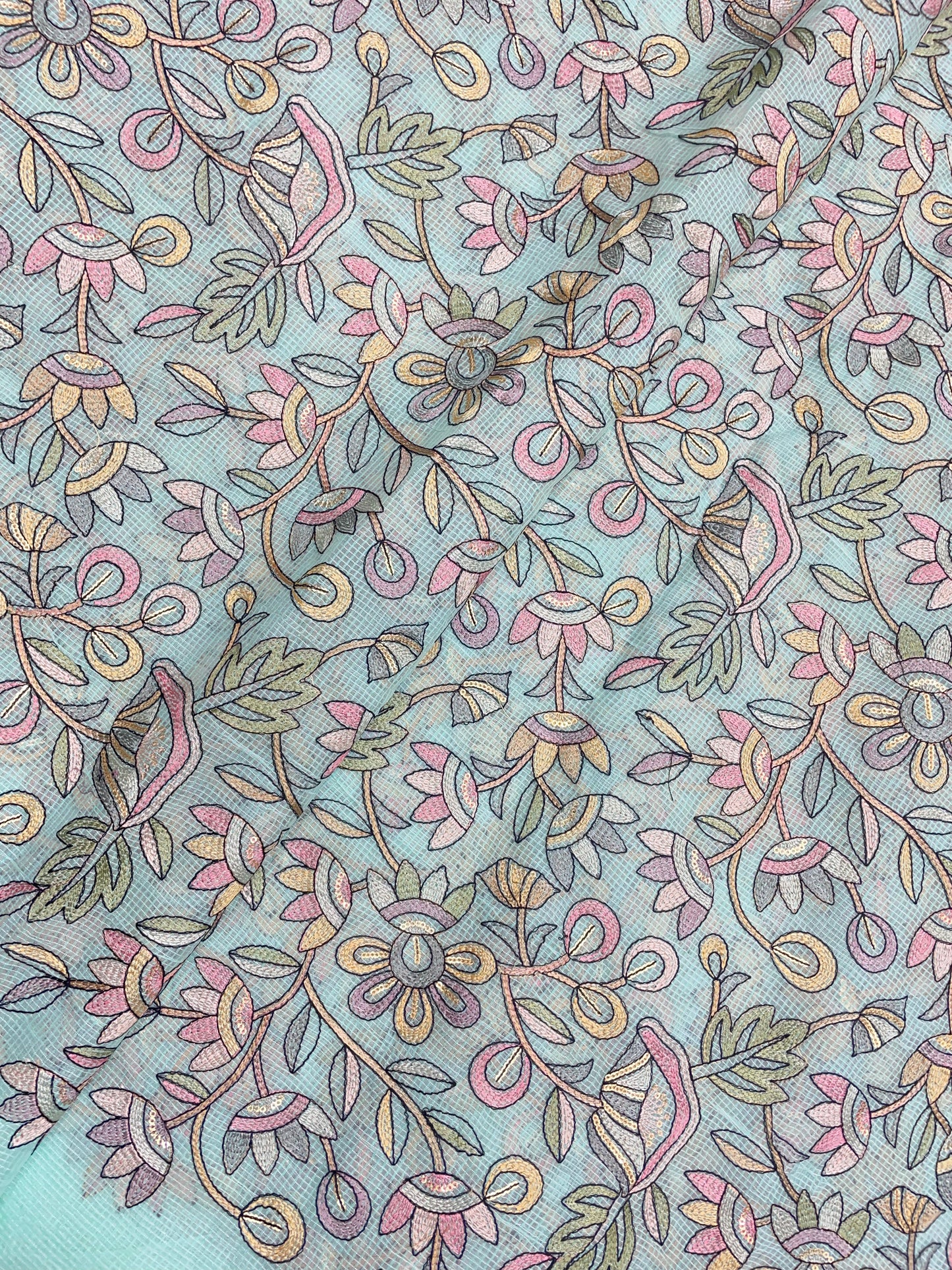 Delicate Fantastic Multi Color Floral Thread Embroidery On Kota Doria Fabric