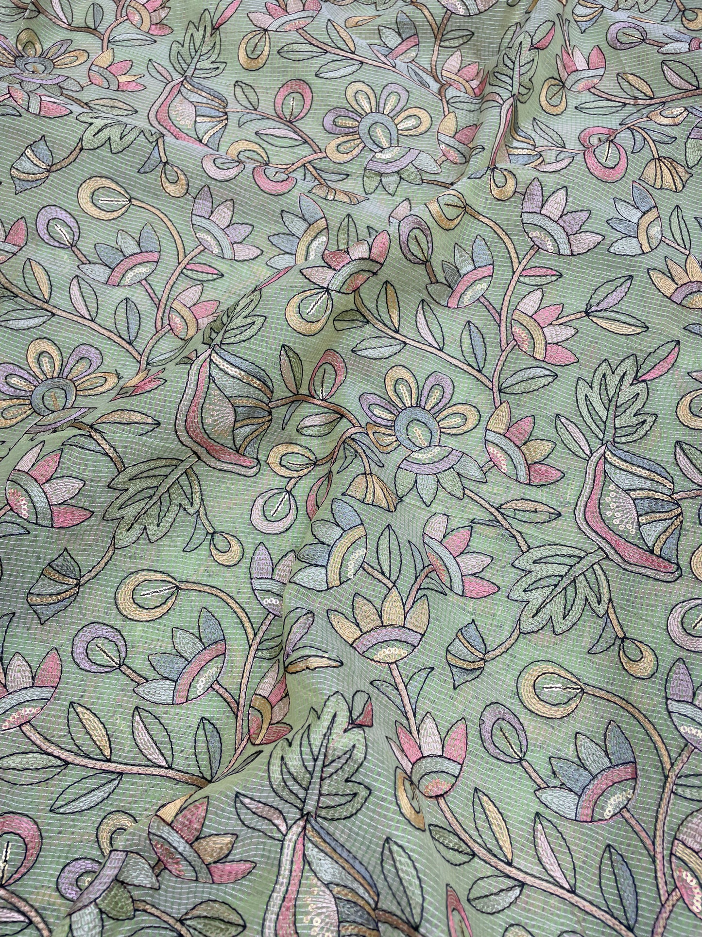 Delicate Fantastic Multi Color Floral Thread Embroidery On Kota Doria Fabric