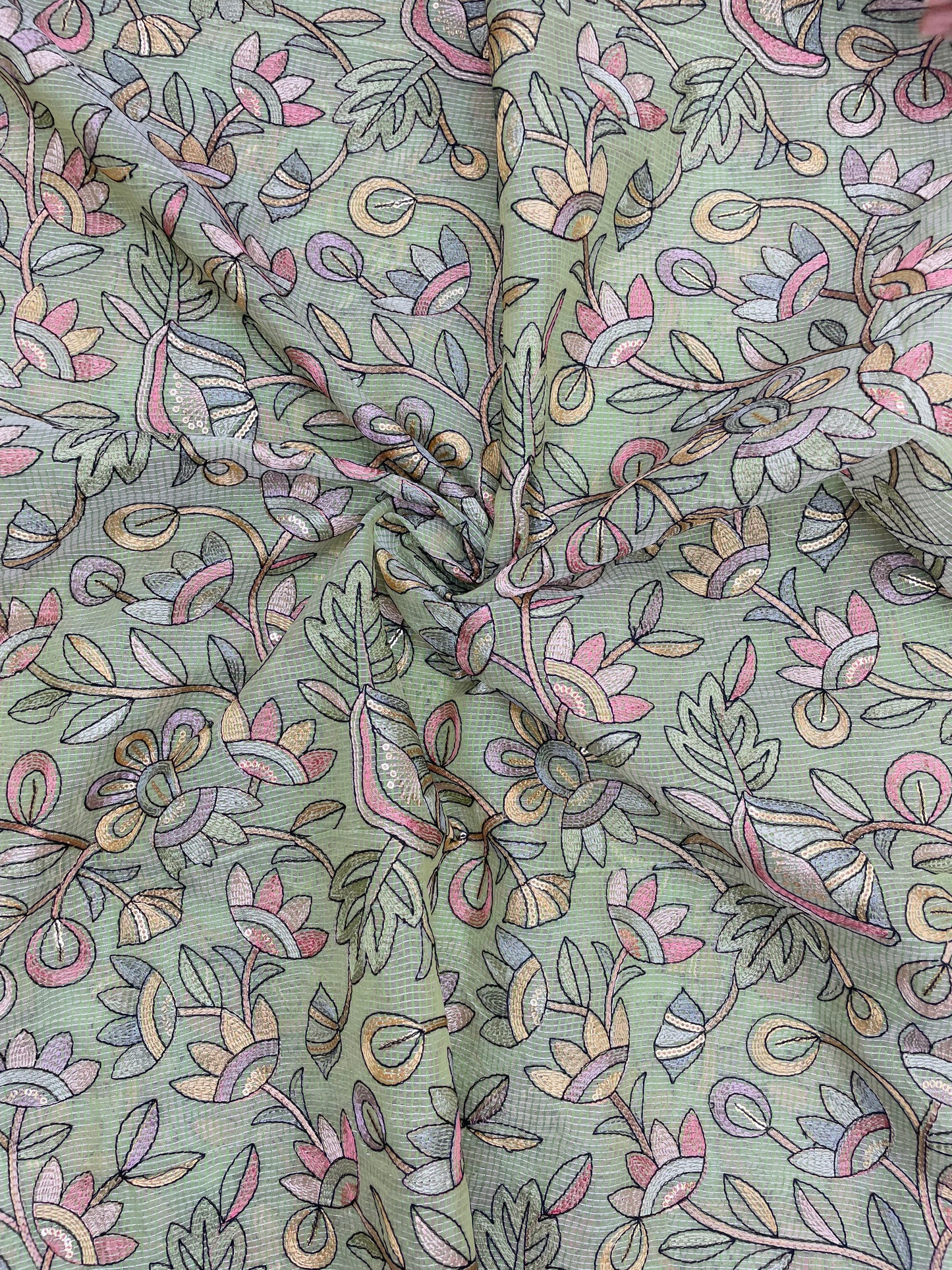 Delicate Fantastic Multi Color Floral Thread Embroidery On Kota Doria Fabric