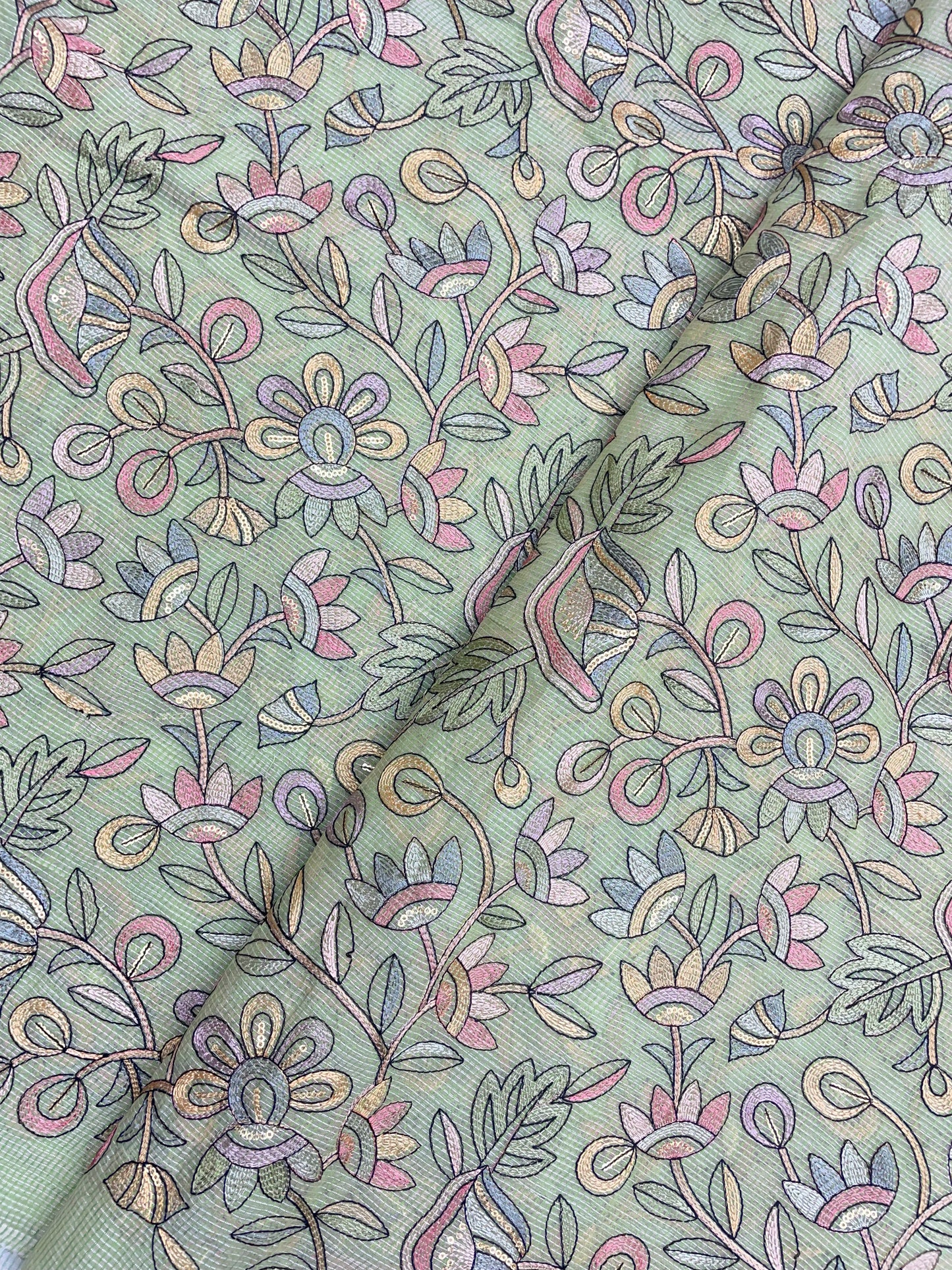 Delicate Fantastic Multi Color Floral Thread Embroidery On Kota Doria Fabric
