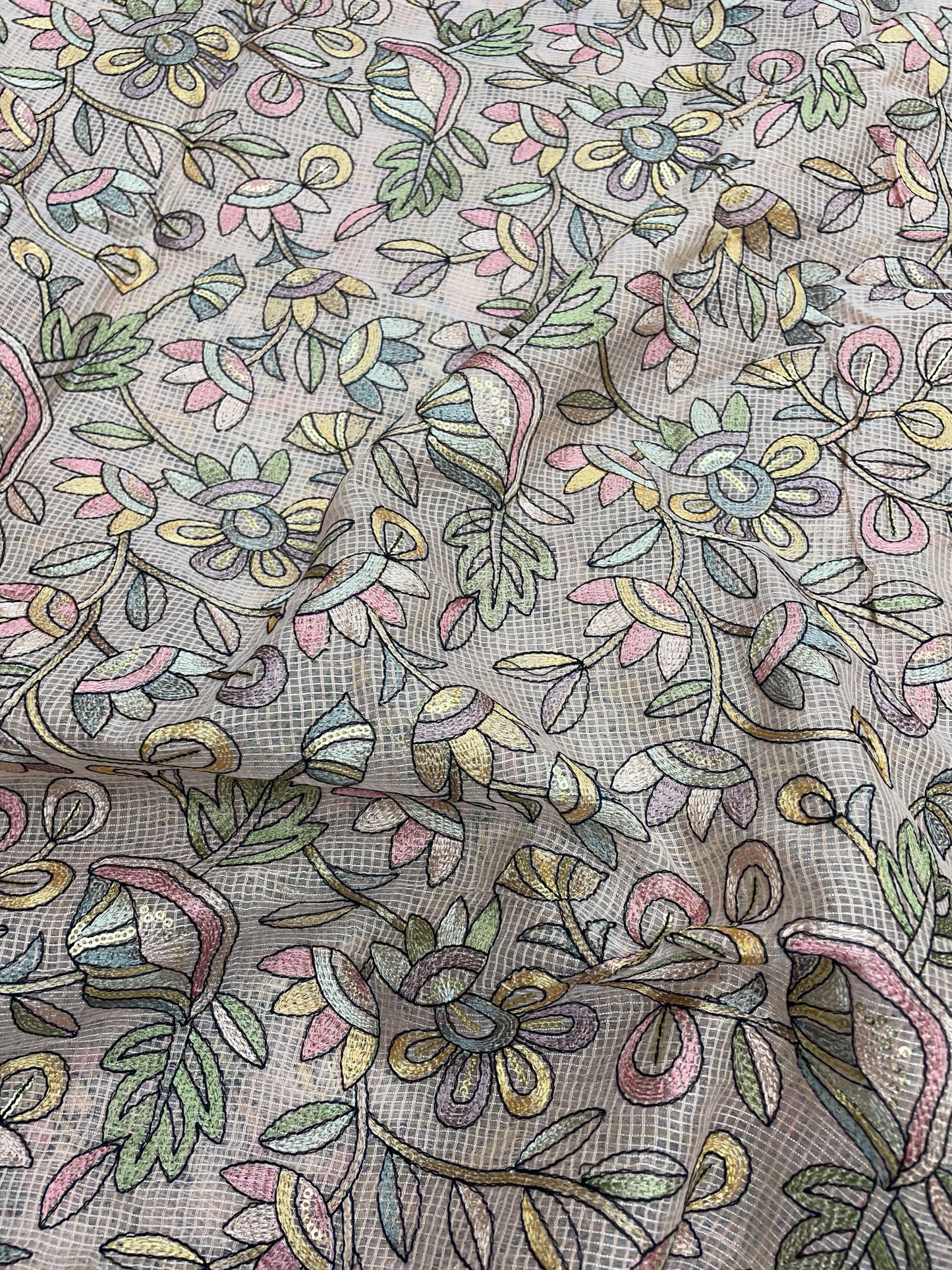Delicate Fantastic Multi Color Floral Thread Embroidery On Kota Doria Fabric