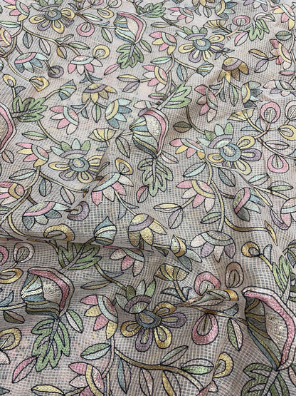 Delicate Fantastic Multi Color Floral Thread Embroidery On Kota Doria Fabric