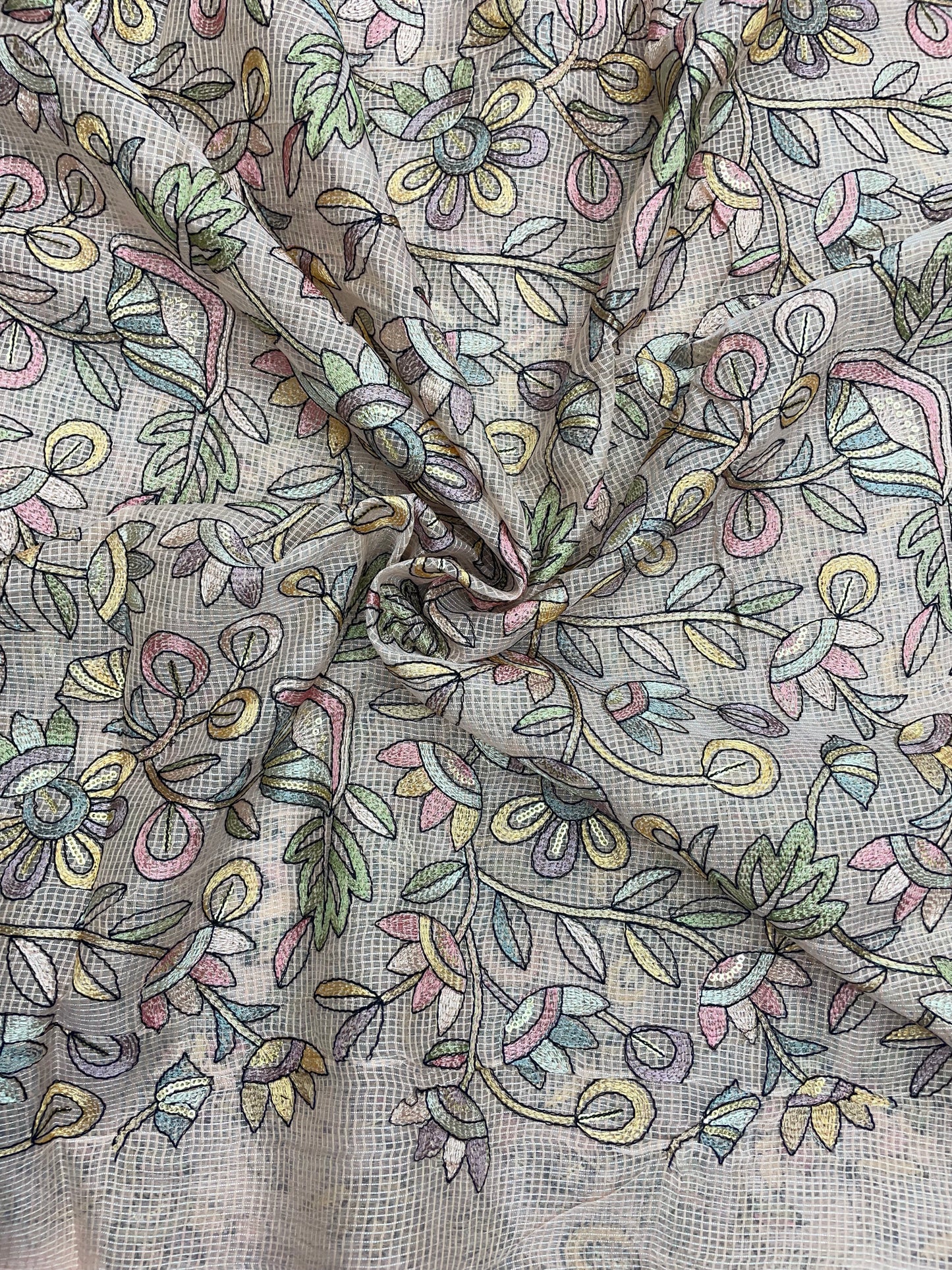 Delicate Fantastic Multi Color Floral Thread Embroidery On Kota Doria Fabric