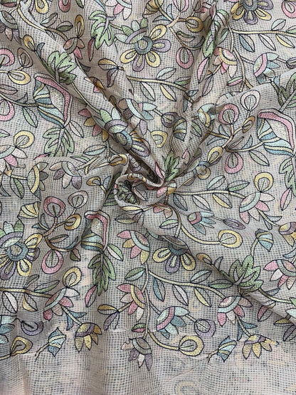 Delicate Fantastic Multi Color Floral Thread Embroidery On Kota Doria Fabric
