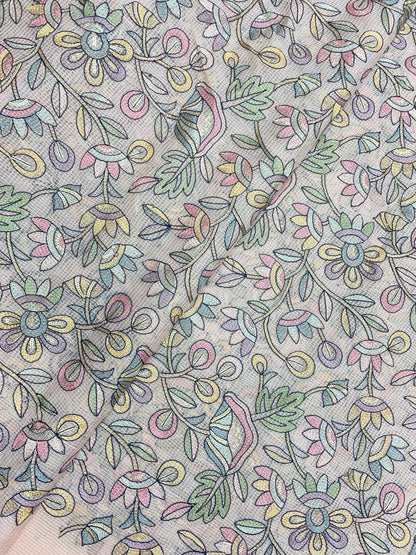 Delicate Fantastic Multi Color Floral Thread Embroidery On Kota Doria Fabric