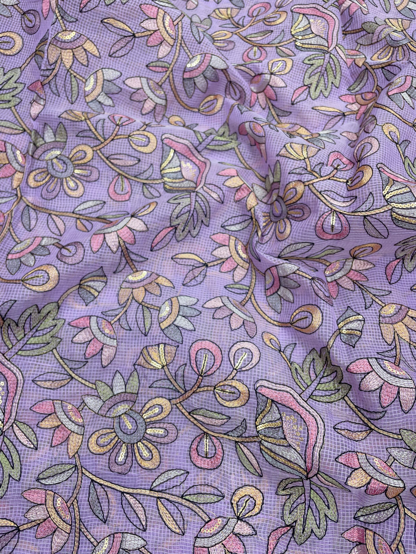 Delicate Fantastic Multi Color Floral Thread Embroidery On Kota Doria Fabric