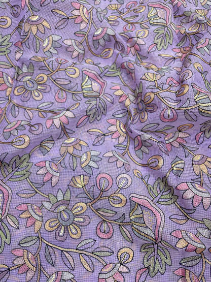 Delicate Fantastic Multi Color Floral Thread Embroidery On Kota Doria Fabric