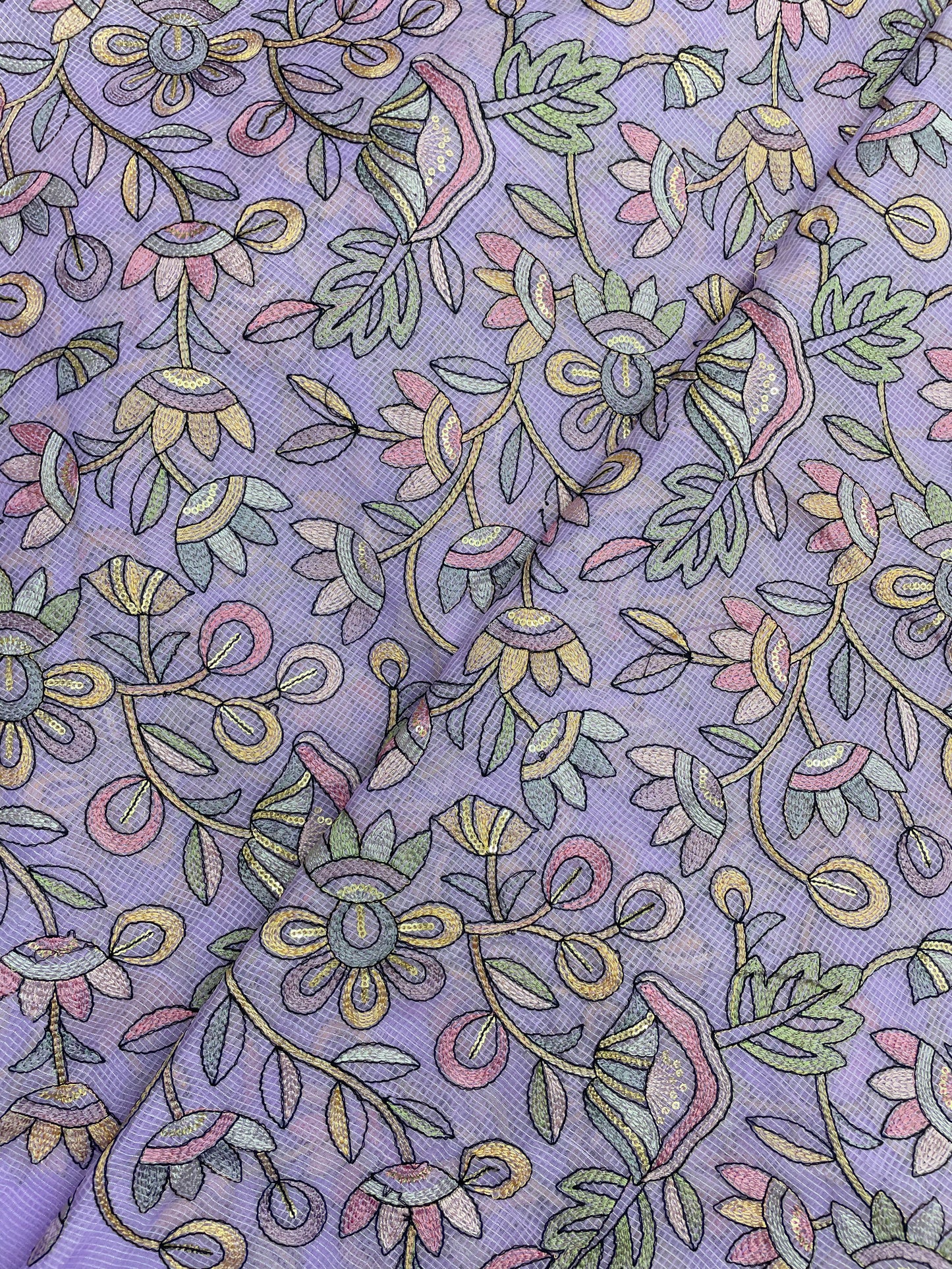 Delicate Fantastic Multi Color Floral Thread Embroidery On Kota Doria Fabric