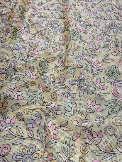 Delicate Fantastic Multi Color Floral Thread Embroidery On Kota Doria Fabric