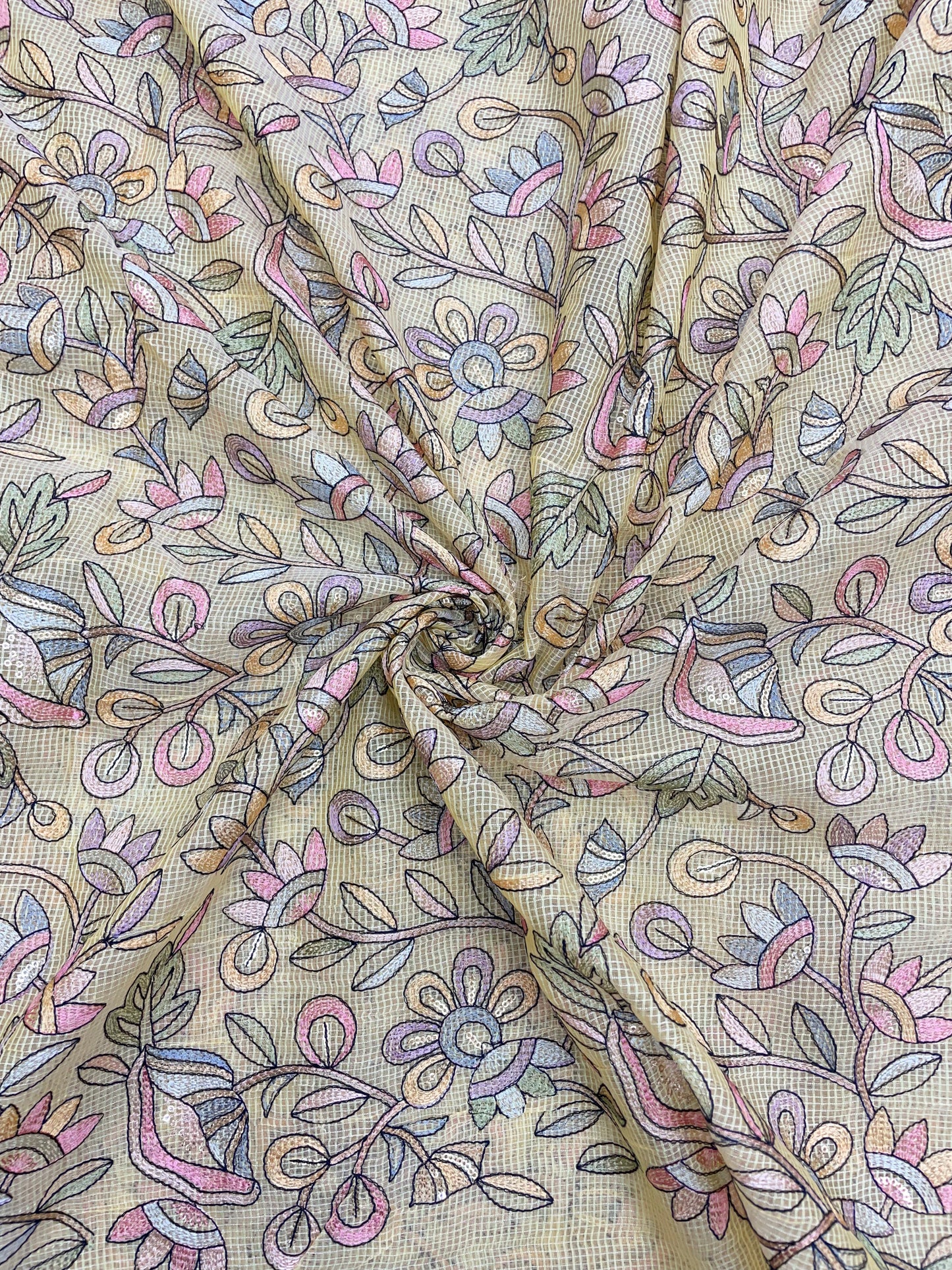 Delicate Fantastic Multi Color Floral Thread Embroidery On Kota Doria Fabric