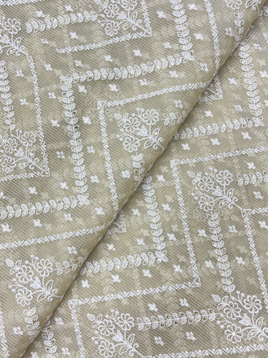 Unique Exquisite Ethnic Zig Zag White Thread Embroidery With Dainty Sequin Work On Kota Doria Fabric