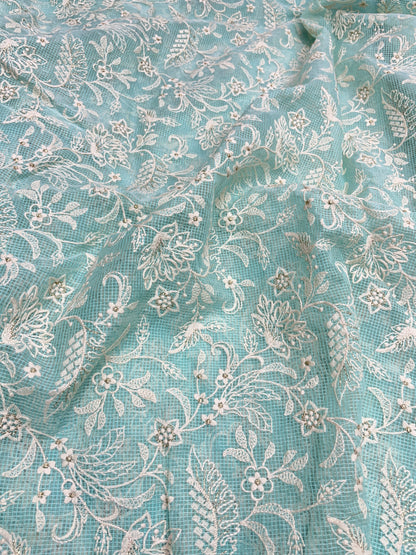 Gorgeous Pleasant Floral White Thread Embroidery With Shiny Zari Work On Kota Doria Fabric