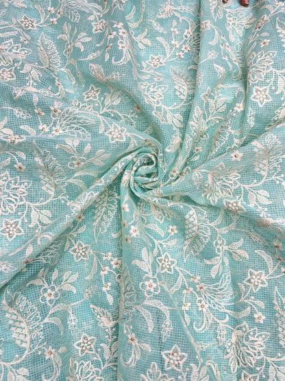 Gorgeous Pleasant Floral White Thread Embroidery With Shiny Zari Work On Kota Doria Fabric