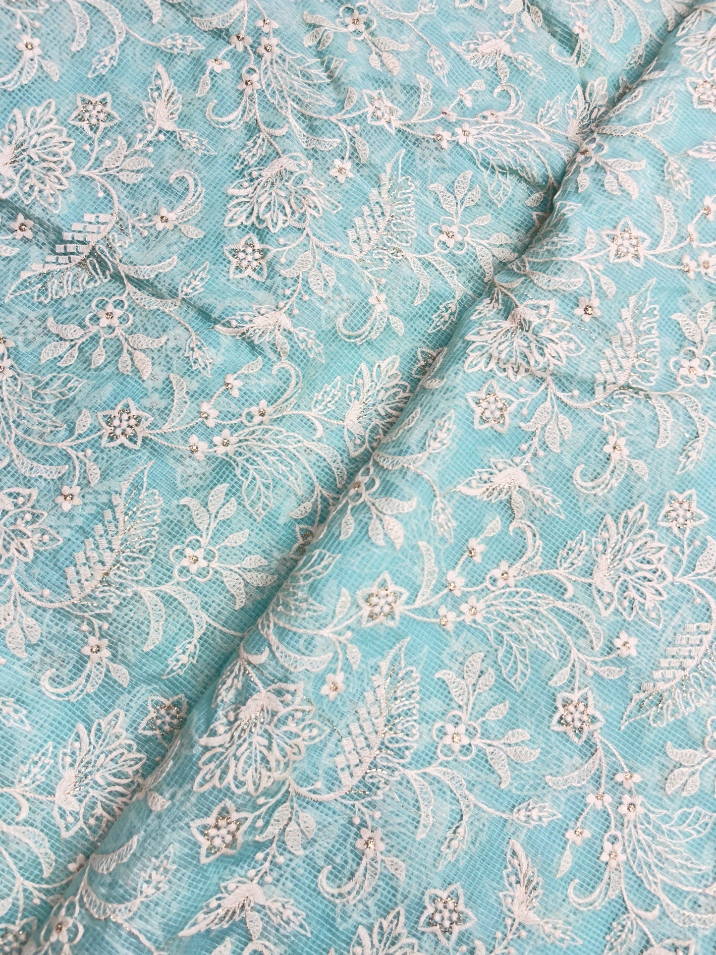 Gorgeous Pleasant Floral White Thread Embroidery With Shiny Zari Work On Kota Doria Fabric