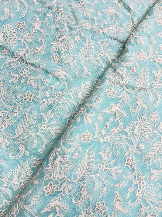 Gorgeous Pleasant Floral White Thread Embroidery With Shiny Zari Work On Kota Doria Fabric