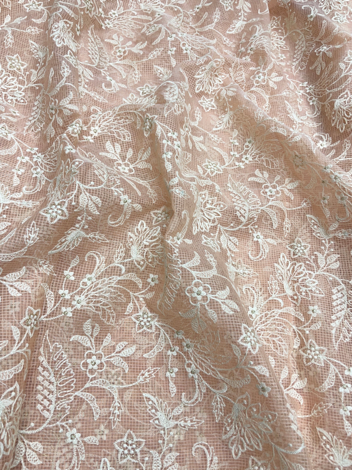 Gorgeous Pleasant Floral White Thread Embroidery With Shiny Zari Work On Kota Doria Fabric