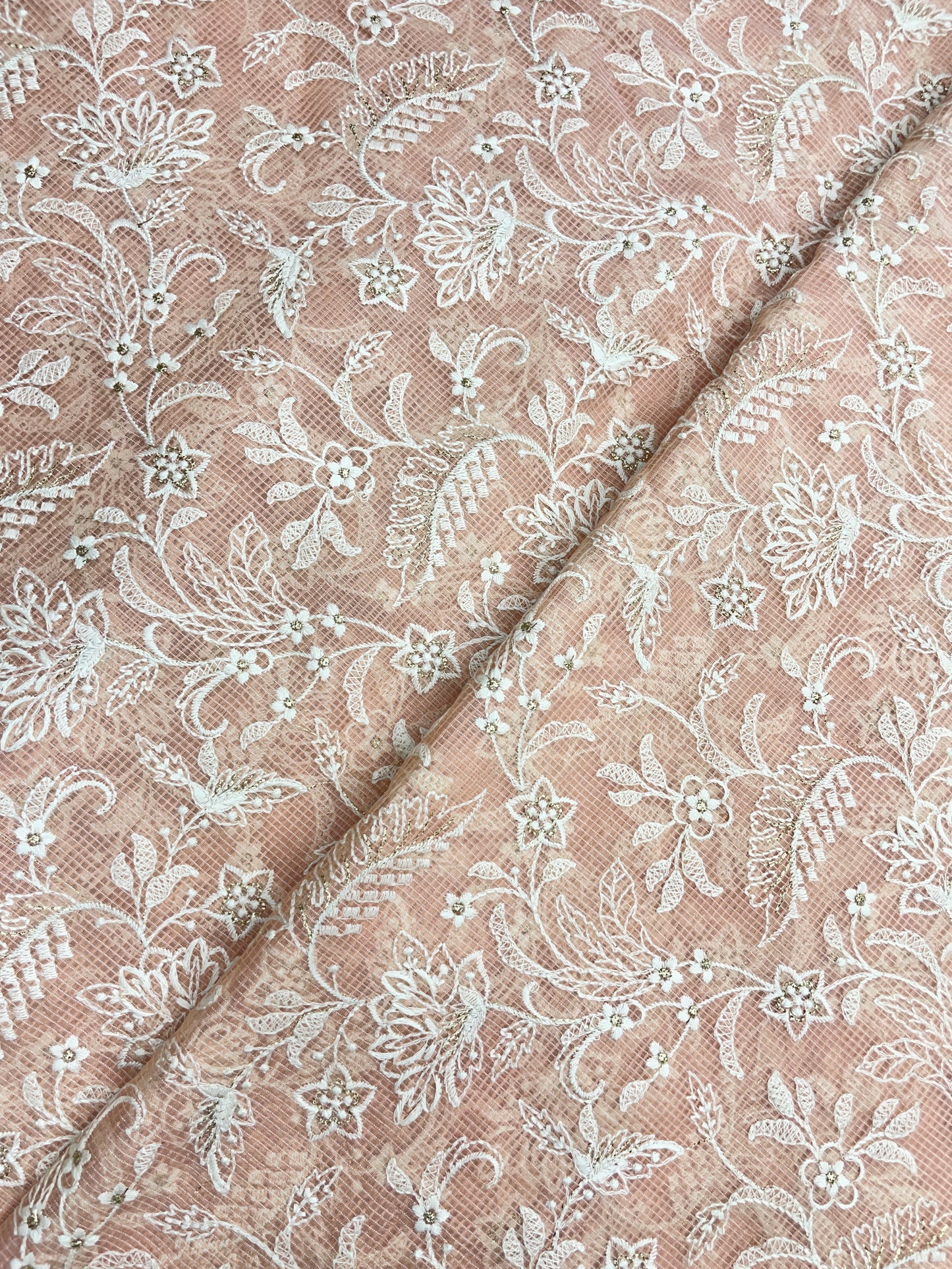 Gorgeous Pleasant Floral White Thread Embroidery With Shiny Zari Work On Kota Doria Fabric