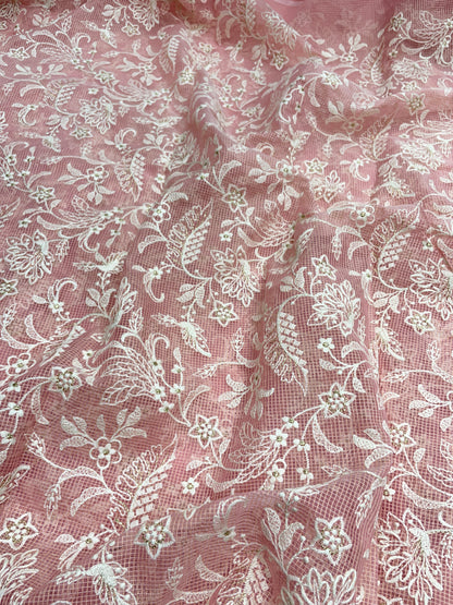 Gorgeous Pleasant Floral White Thread Embroidery With Shiny Zari Work On Kota Doria Fabric