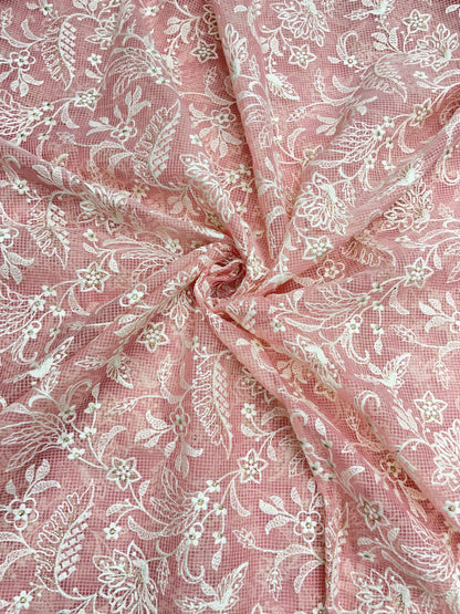 Gorgeous Pleasant Floral White Thread Embroidery With Shiny Zari Work On Kota Doria Fabric