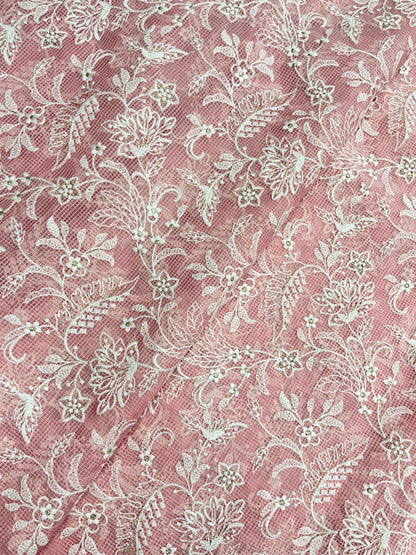 Gorgeous Pleasant Floral White Thread Embroidery With Shiny Zari Work On Kota Doria Fabric