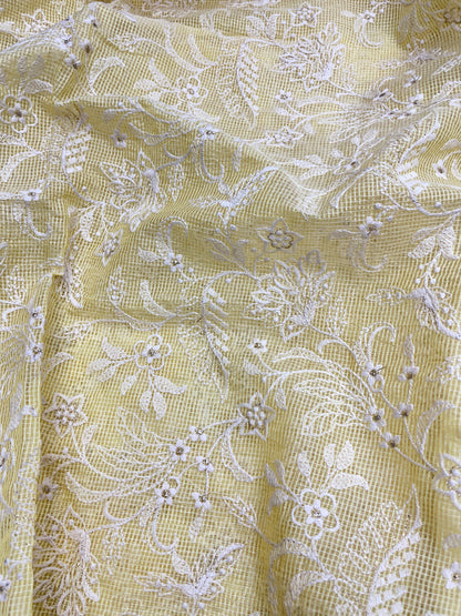 Gorgeous Pleasant Floral White Thread Embroidery With Shiny Zari Work On Kota Doria Fabric