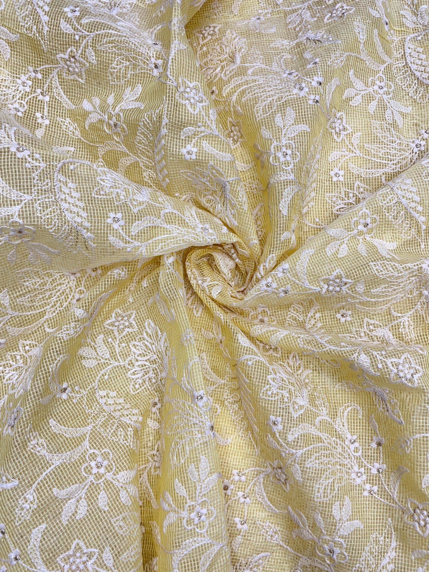 Gorgeous Pleasant Floral White Thread Embroidery With Shiny Zari Work On Kota Doria Fabric