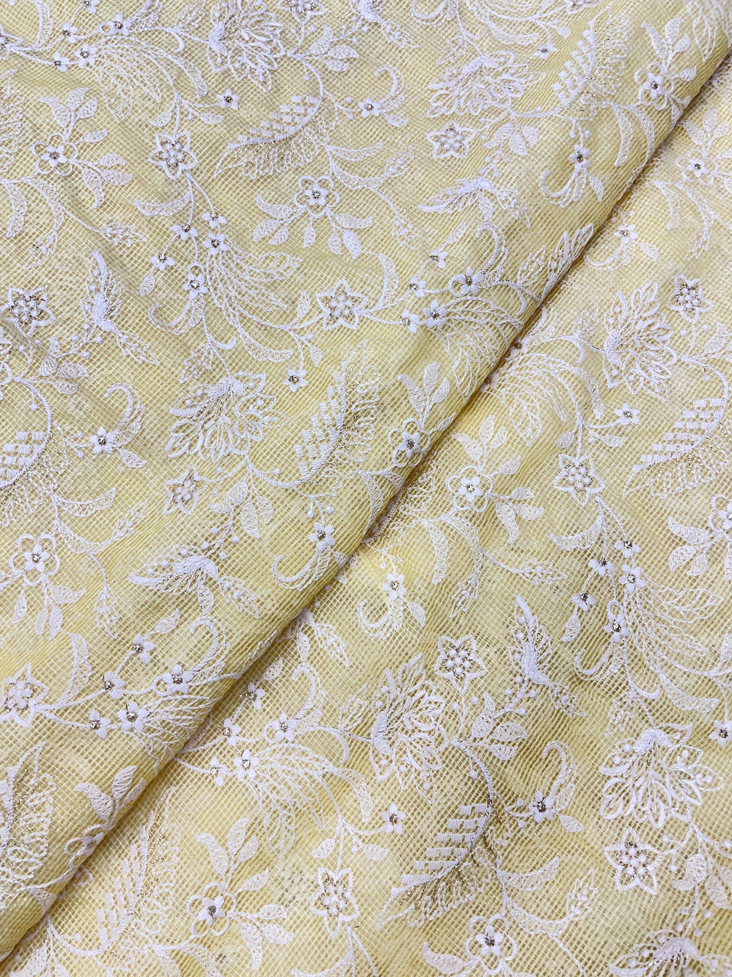 Gorgeous Pleasant Floral White Thread Embroidery With Shiny Zari Work On Kota Doria Fabric