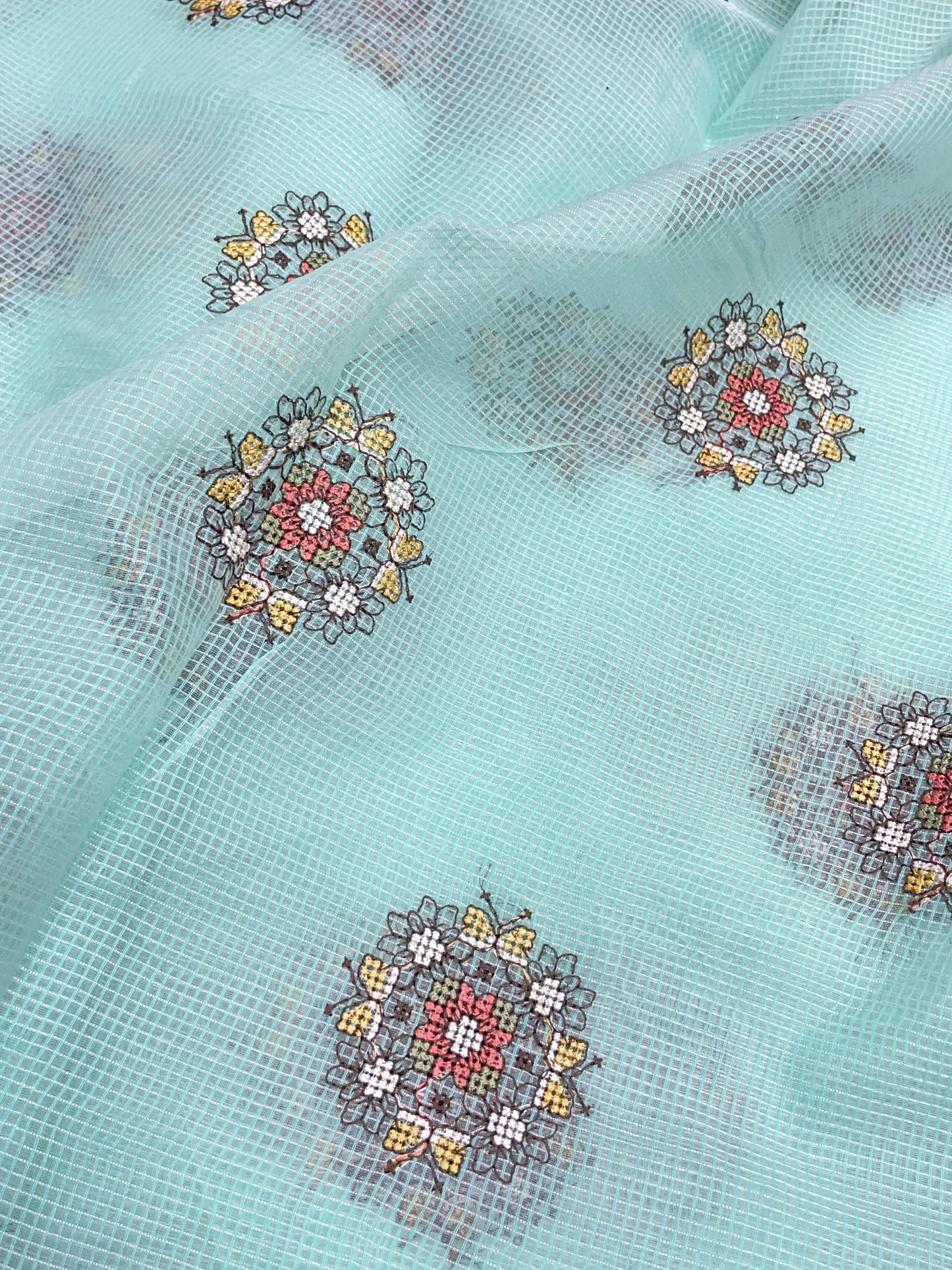 Superb Glorious Circular Multi Color Thread Embroidery On Kota Doria Fabric