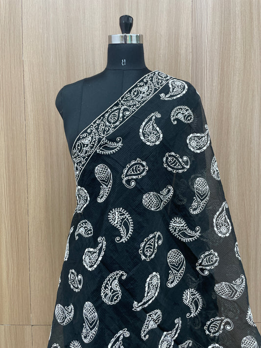 Pretty Classic Attractive Marvelous Paisley White Thread Embroidery With Dainty Sequin Work On Kota Doria Dupatta
