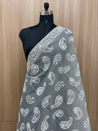 Pretty Classic Attractive Marvelous Paisley White Thread Embroidery With Dainty Sequin Work On Kota Doria Dupatta