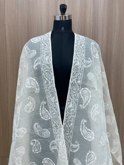 Pretty Classic Attractive Marvelous Paisley White Thread Embroidery With Dainty Sequin Work On Kota Doria Dupatta