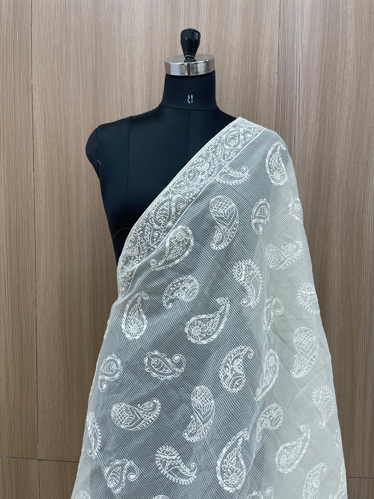 Pretty Classic Attractive Marvelous Paisley White Thread Embroidery With Dainty Sequin Work On Kota Doria Dupatta