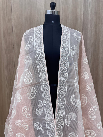 Pretty Classic Attractive Marvelous Paisley White Thread Embroidery With Dainty Sequin Work On Kota Doria Dupatta