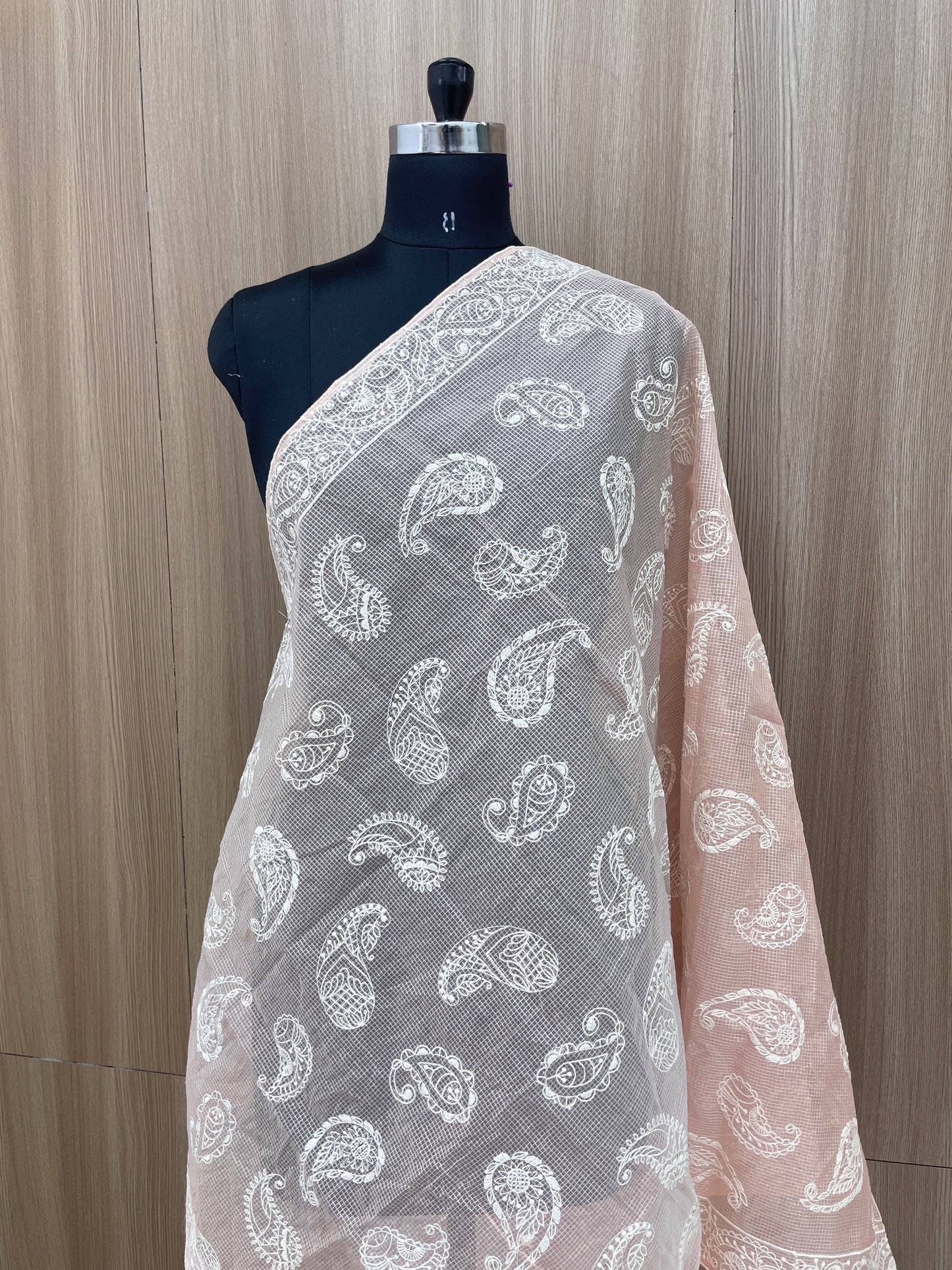 Pretty Classic Attractive Marvelous Paisley White Thread Embroidery With Dainty Sequin Work On Kota Doria Dupatta