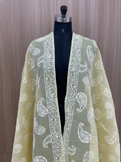 Pretty Classic Attractive Marvelous Paisley White Thread Embroidery With Dainty Sequin Work On Kota Doria Dupatta