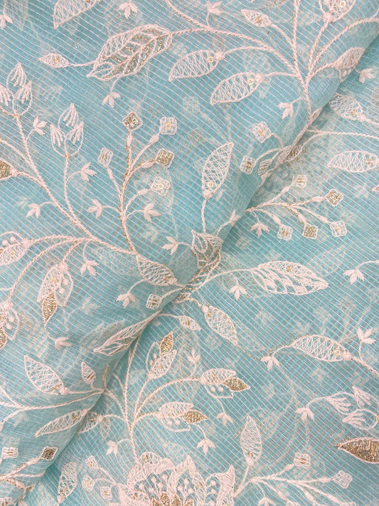 Adorable Beautiful Classy Floral And Leafy White Thread Embroidery With Golden Zari Work On Kota Doria Fabric