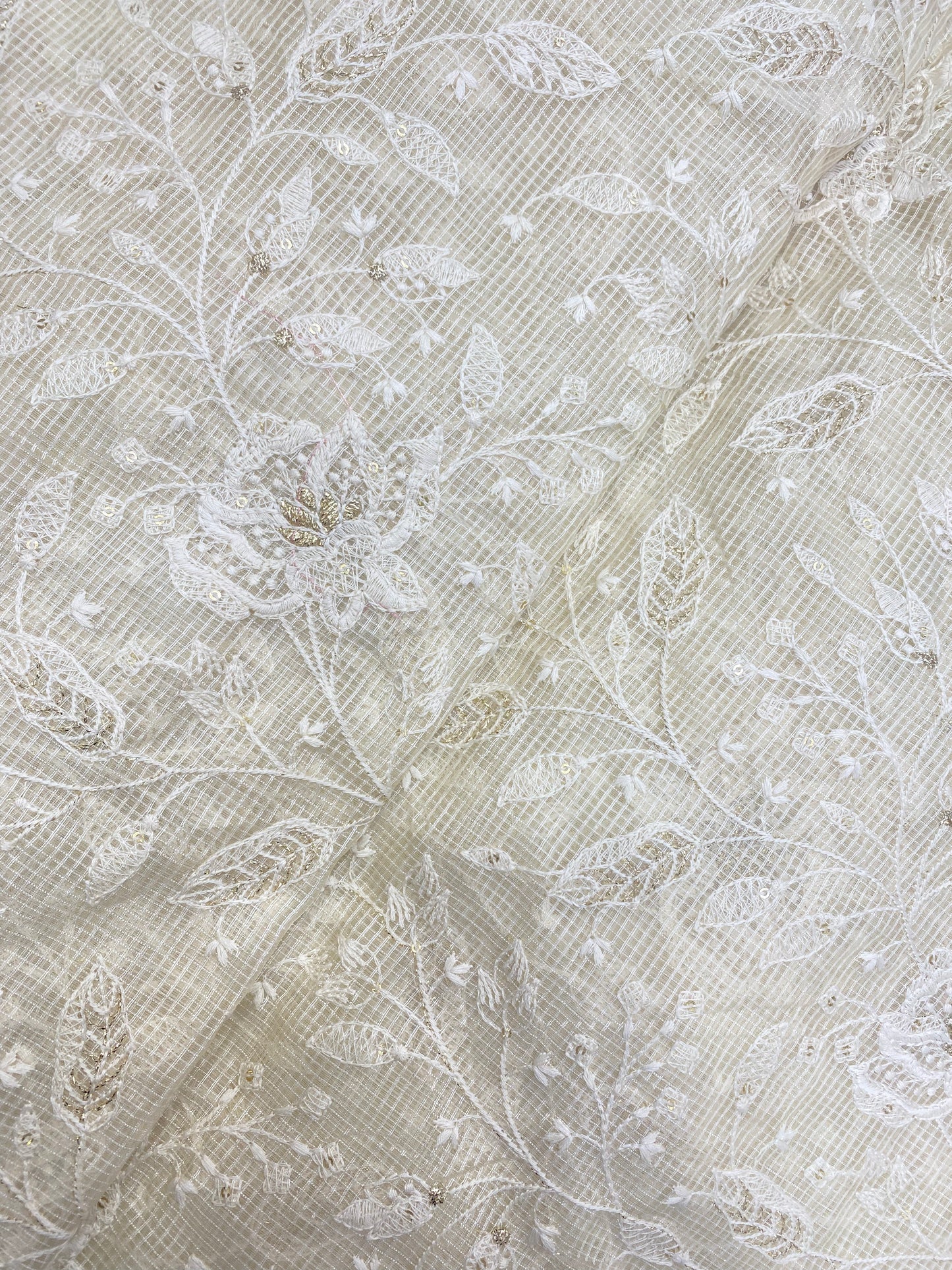 Adorable Beautiful Classy Floral And Leafy White Thread Embroidery With Golden Zari Work On Kota Doria Fabric