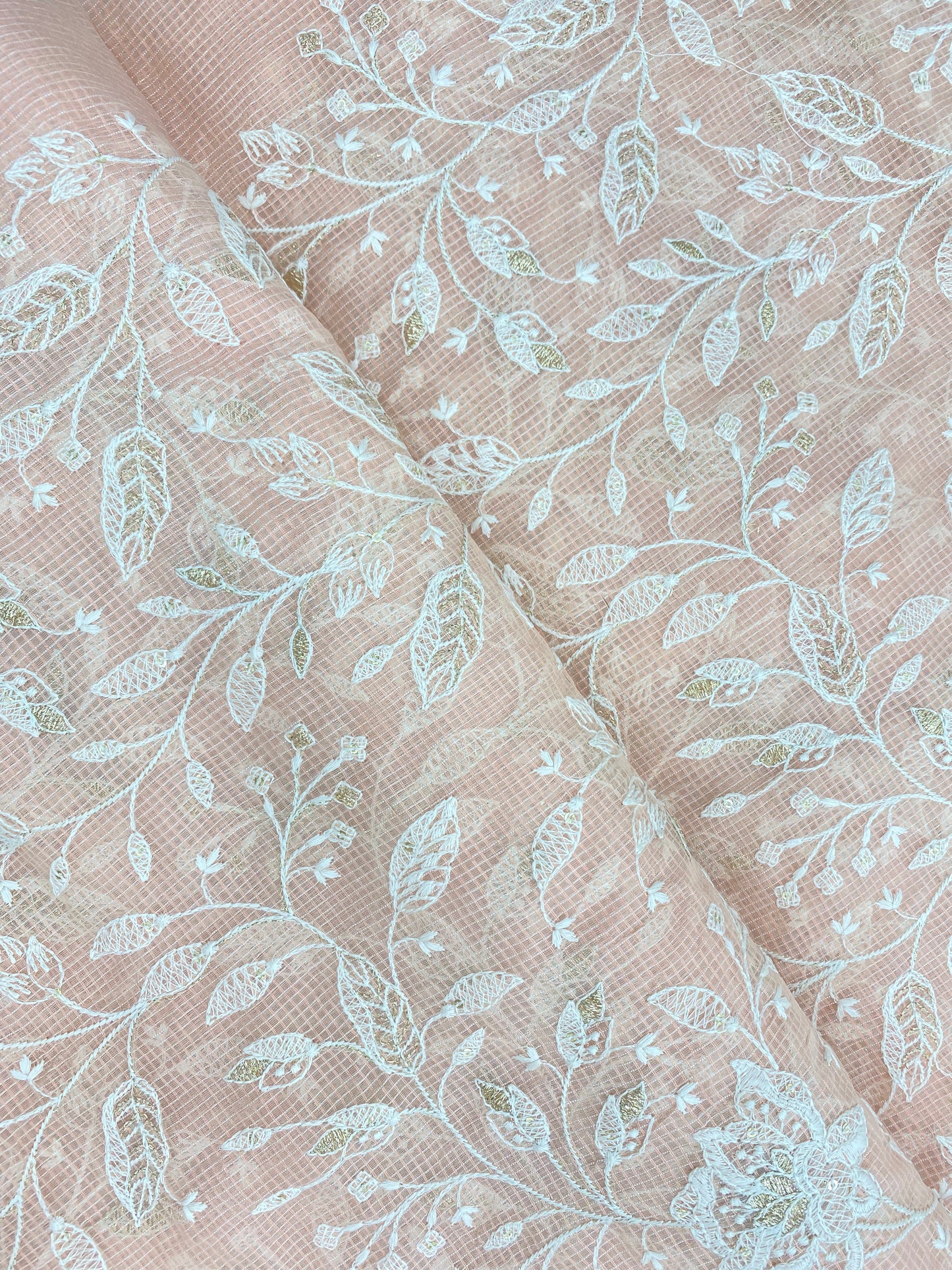 Adorable Beautiful Classy Floral And Leafy White Thread Embroidery With Golden Zari Work On Kota Doria Fabric