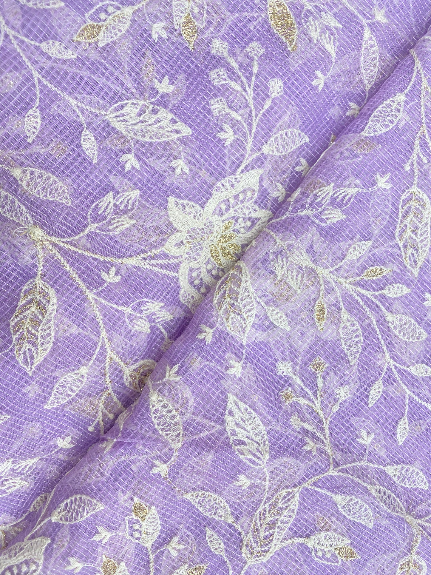 Adorable Beautiful Classy Floral And Leafy White Thread Embroidery With Golden Zari Work On Kota Doria Fabric