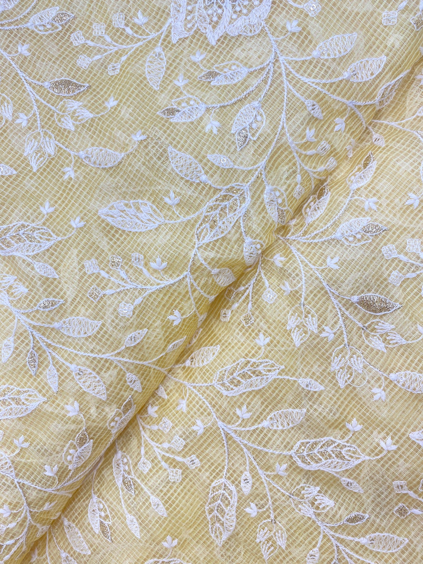 Adorable Beautiful Classy Floral And Leafy White Thread Embroidery With Golden Zari Work On Kota Doria Fabric