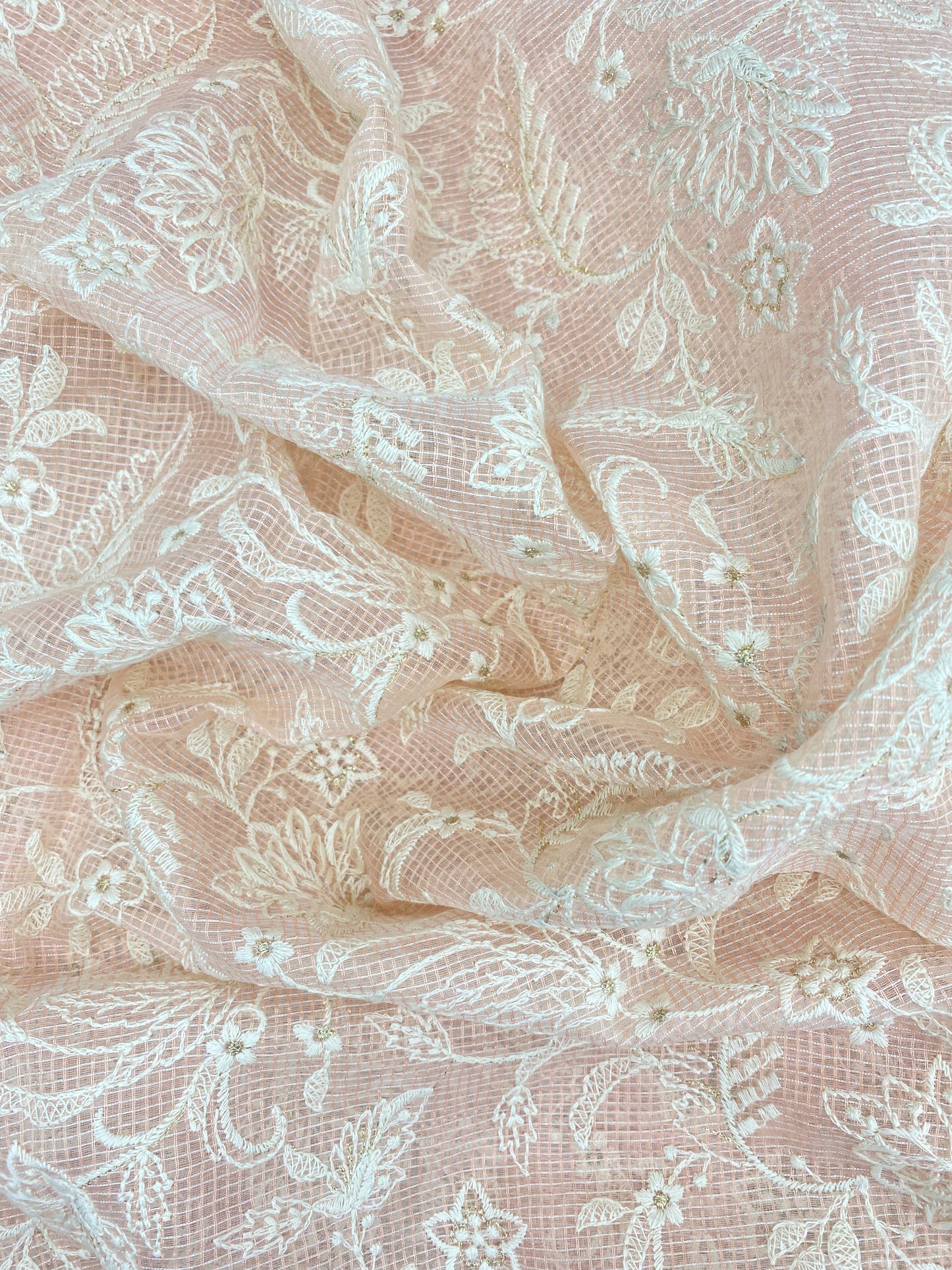 Subtle Yet Elegant Pretty Floral White Thread Embroidery All Over Peach Kota Doria Fabric