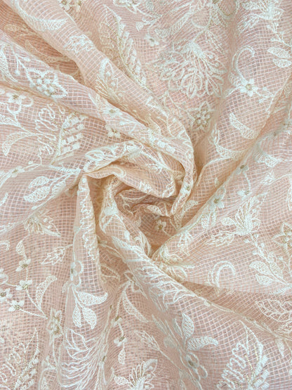 Subtle Yet Elegant Pretty Floral White Thread Embroidery All Over Peach Kota Doria Fabric