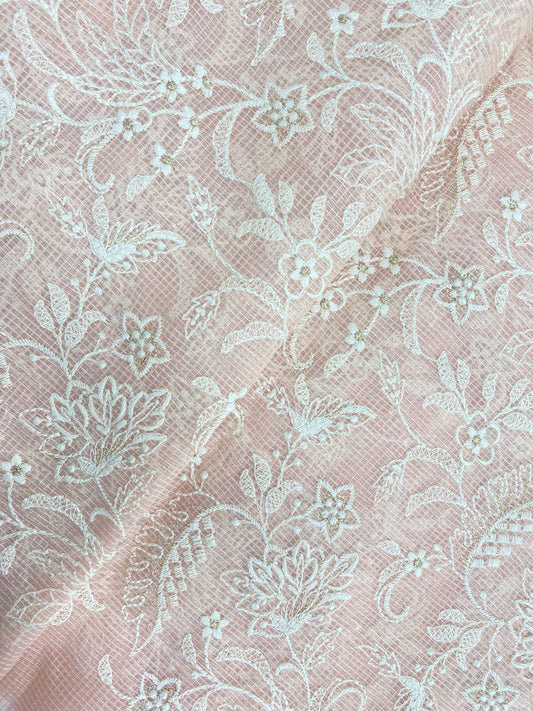 Subtle Yet Elegant Pretty Floral White Thread Embroidery All Over Peach Kota Doria Fabric