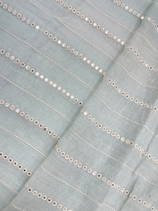Classic Delicate Striking Stripe Thread Embroidery With Faux Mirror Work On Linen Fabric