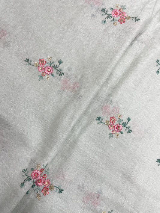 Beautiful Pretty Dainty Pink Color Flower Embroidery On Linen Fabric
