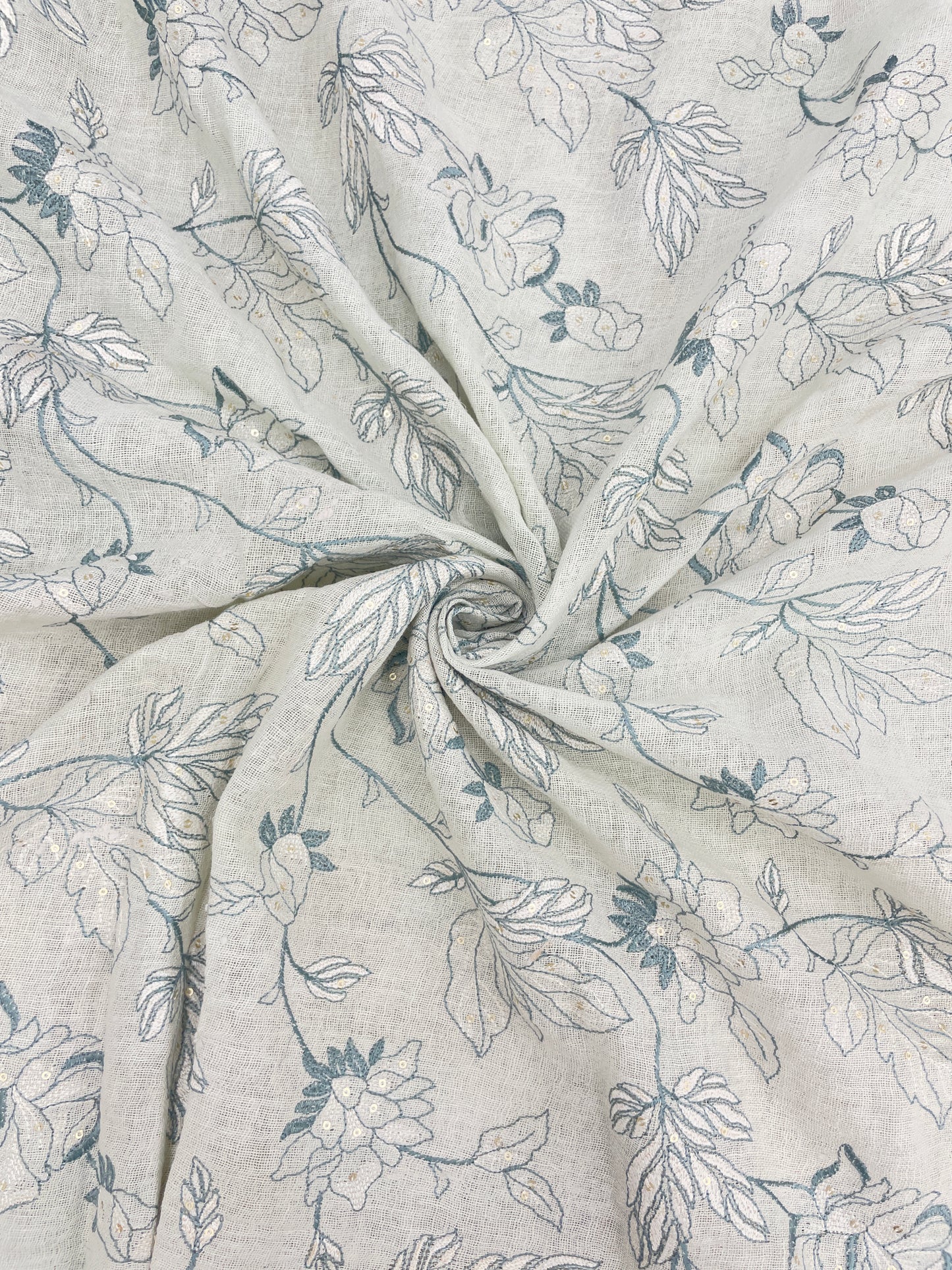 Pleasing Fantastic Floral Thread Embroidery With Dainty Sequin Work On Linen Fabric